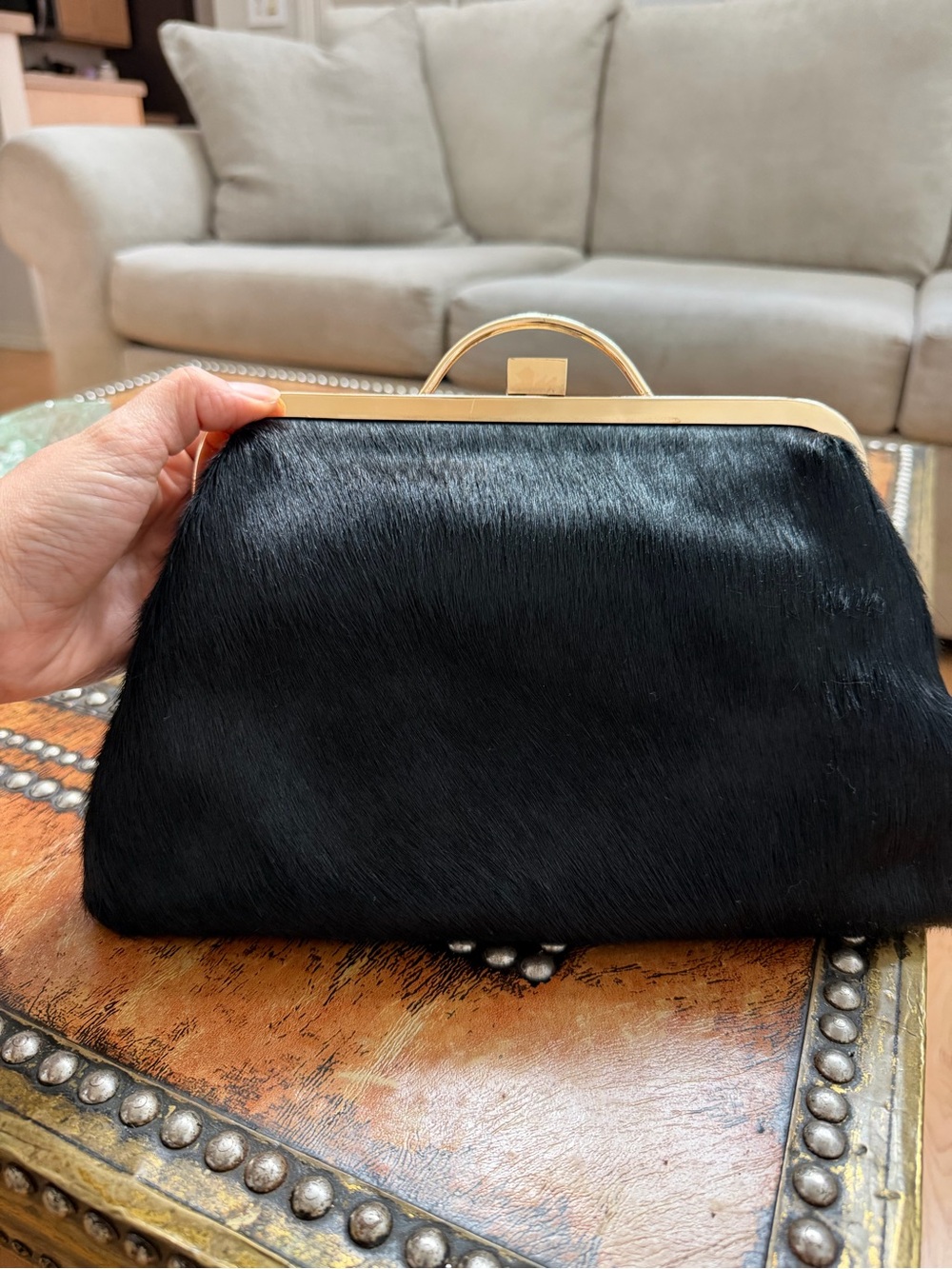 Bodhi Black Calf Hair A-Frame Clutch with Gold-tone Trim